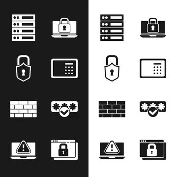 Set Safe, Lock, Server, Data, Web Hosting, Laptop and lock, Firewall, security Illustrazione stock