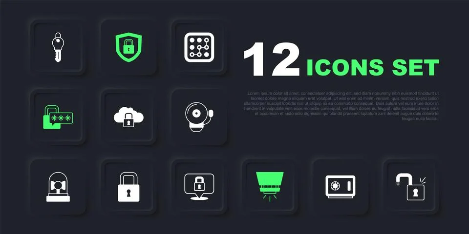 Set Safe Open padlock Cloud computing Fire sprinkler system Cyber security Lo 库存插图