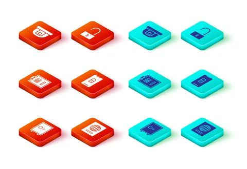Set Safe, Passport, Mobile with closed padlock,  Open and Motion sensor ico.. Stock Illustration