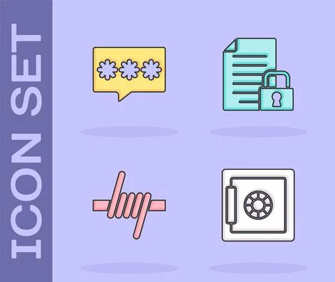 Set Safe, Password protection, Barbed wire and Document and lock icon. Vector Illustrazione stock