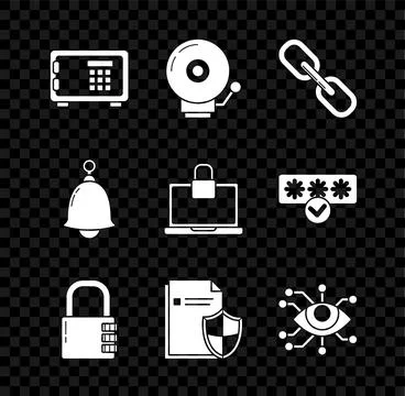 Set Safe Ringing alarm bell Chain link combination lock Document protection c Illustrazione stock