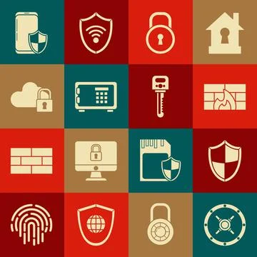 Set Safe, Shield, Firewall, security wall, Lock, Cloud computing lock 库存插图