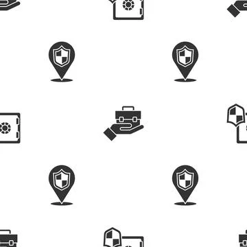 Set Safe with shield, Hand holding briefcase and Location on seamless pattern Stock Illustration