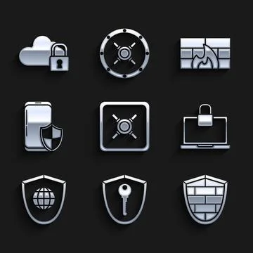 Set Safe Shield with key cyber security brick wall Laptop and lock world glob Stock Illustration