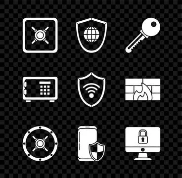 Set Safe, Shield with world globe, Key, Smartphone security shield, Lock Ilustración de archivo