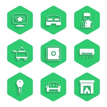 Set Safe, Sofa, Interior fireplace, Air conditioner, Hotel door lock key Illustrazione stock