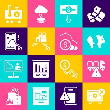 Set Safe, Stop delivery cargo truck, Broken piggy bank, Dollar rate decrease Stock Illustration