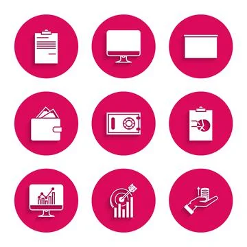 Set Safe, Target with graph chart, Money on hand, Clipboard, Computer monitor Illustrazione stock