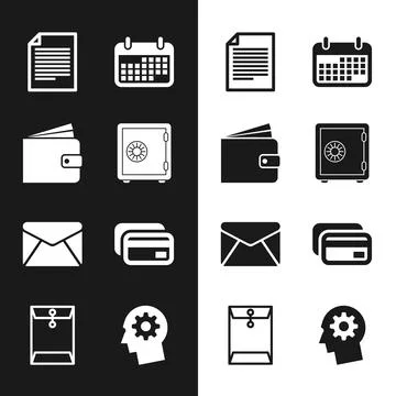 Set Safe, Wallet, Document, Calendar, Envelope and Credit card icon. Vector Illustrazione stock