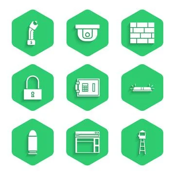 Set Safe, Website template, Watch tower, Flasher siren, Bullet, Lock, Bricks and Stock Illustration