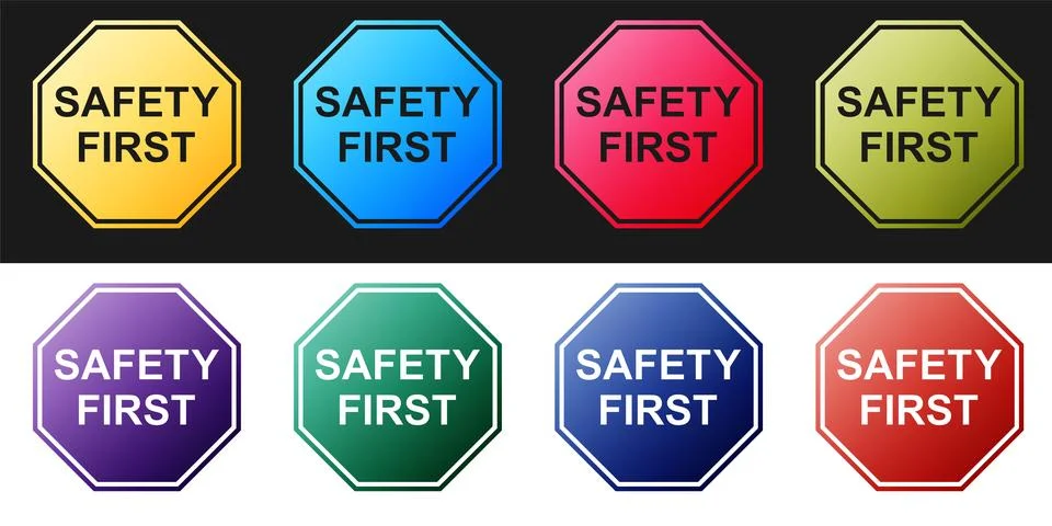 Set Safety First octagonal shape icon isolated on black and white background Stock Illustration