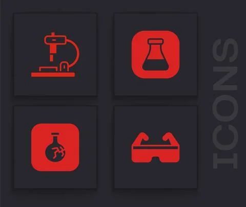 Set Safety goggle glasses, Microscope, Test tube and flask and Cracked icon Stock Illustration
