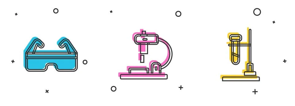 Set Safety goggle glasses, Microscope and Test tube flask on fire icon. Vector 库存插图