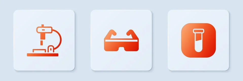 Set Safety goggle glasses, Microscope and Test tube and flask. White square Illustrazione stock