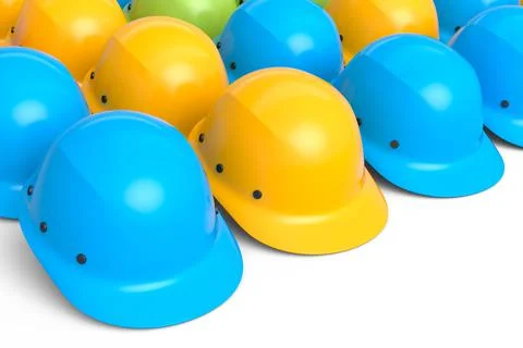 Set of safety helmets or hard caps for carpentry work in row on white backgro Stock Illustration