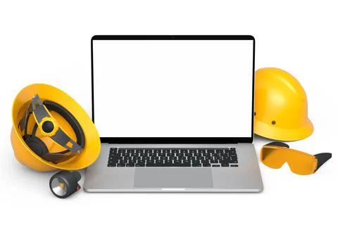 Set of safety helmets or hard caps, goggles and laptop on white background Stock Illustration