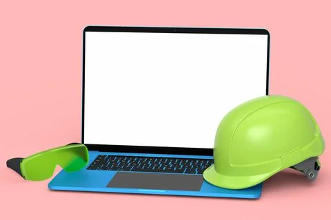 Set of safety helmets or hard caps, goggles and laptop on pink background Stock Illustration