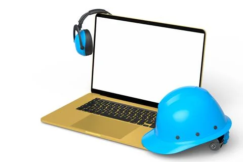 Set of safety helmets or hard caps, headphones and laptop on white background Stock Illustration