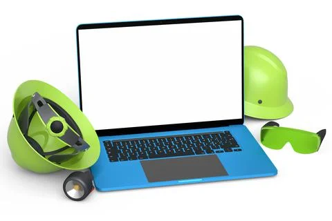 Set of safety helmets or hard caps, goggles and laptop on white background Stock Illustration