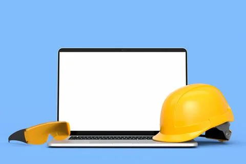 Set of safety helmets or hard caps, goggles and laptop on blue background Stock Illustration