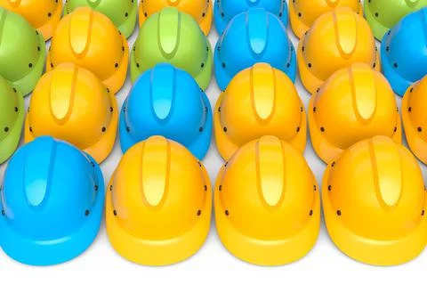 Set of safety helmets or hard caps for carpentry work in row on white backgro Stock Illustration