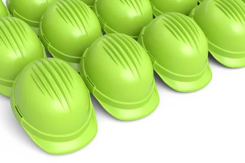 Set of safety helmets or hard caps for carpentry work in row on white backgro Stock Illustration