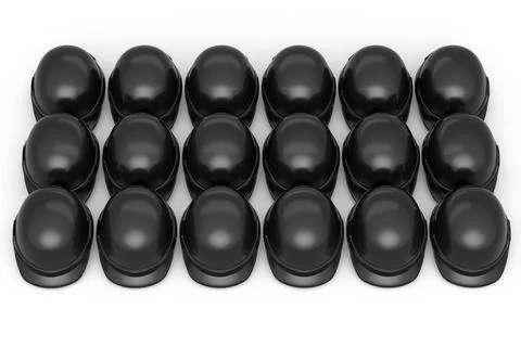 Set of safety helmets or hard caps for carpentry work in row on white backgro Stock Illustration