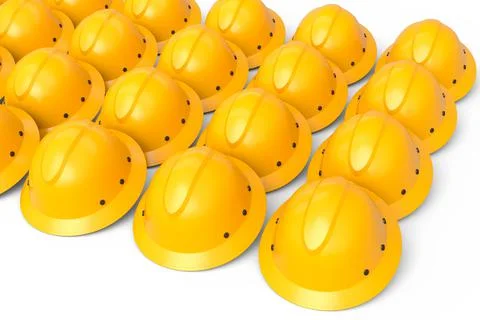 Set of safety helmets or hard caps for carpentry work in row on white backgro Stock Illustration