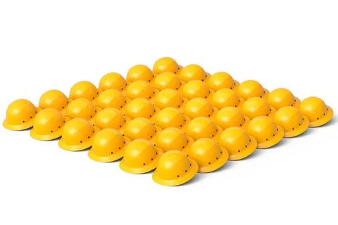 Set of safety helmets or hard caps for carpentry work in row on white background Stock Illustration