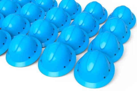 Set of safety helmets or hard caps for carpentry work in row on white background Stock Illustration