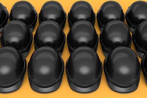 Set of safety helmets or hard caps for carpentry work in row on yellow Stock Illustration