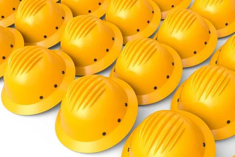 Set of safety helmets or hard caps for carpentry work in row on white background Stock Illustration