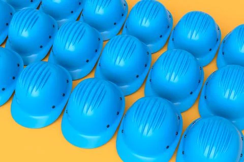 Set of safety helmets or hard caps for carpentry work in row on yellow Stock Illustration
