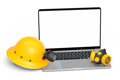 Set of safety helmets or hard caps, respirator and laptop on white background Stock Illustration