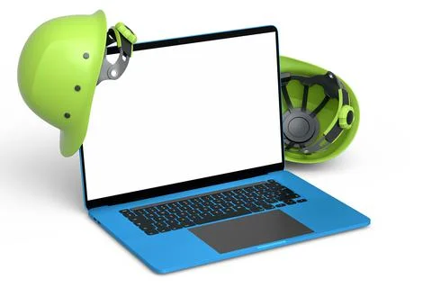 Set of safety helmets or hard caps and laptop on white background Stock Illustration