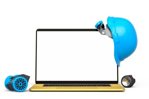 Set of safety helmets or hard caps, respirator and laptop on white background Stock Illustration