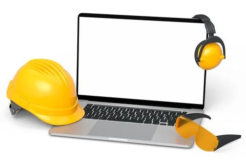 Set of safety helmets or hard caps, headphones and laptop on white background Stock Illustration