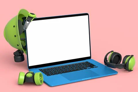Set of safety helmets or hard caps, headphones and laptop on pink background Stock Illustration