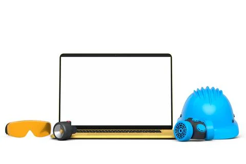 Set of safety helmets or hard caps, respirator and laptop on white background Stock Illustration