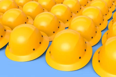 Set of safety helmets or hard caps for carpentry work in row on blue backgrou Stock Illustration