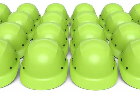 Set of safety helmets or hard caps for carpentry work in row on white backgro Stock Illustration