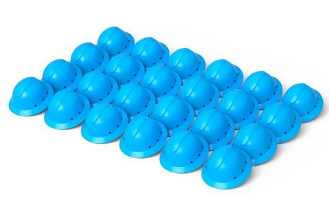 Set of safety helmets or hard caps for carpentry work in row on white backgro Stock Illustration