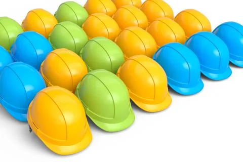 Set of safety helmets or hard caps for carpentry work in row on white backgro Stock Illustration