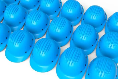 Set of safety helmets or hard caps for carpentry work in row on yellow Stock Illustration