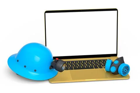 Set of safety helmets or hard caps, respirator and laptop on white background Stock Illustration