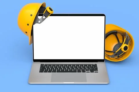 Set of safety helmets or hard caps and laptop on blue background Stock Illustration