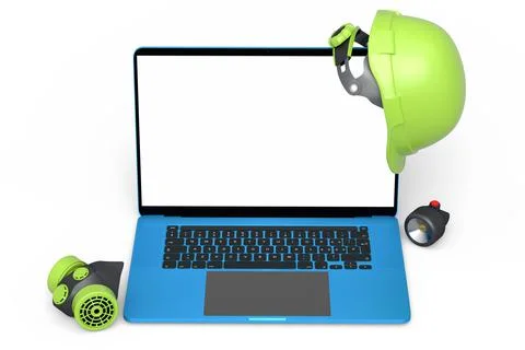 Set of safety helmets or hard caps, respirator and laptop on white background Stock Illustration