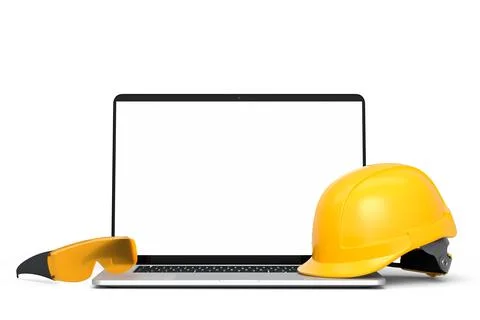 Set of safety helmets or hard caps, goggles and laptop on white background Stock Illustration