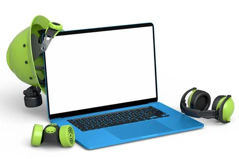 Set of safety helmets or hard caps, headphones and laptop on white background Stock Illustration