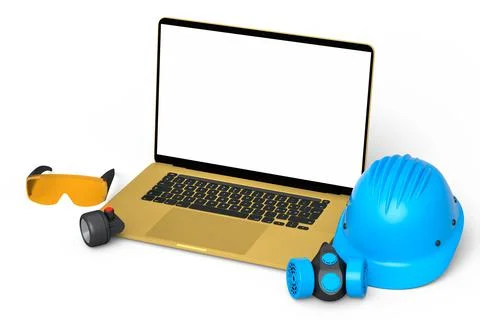 Set of safety helmets or hard caps, respirator and laptop on white background Stock Illustration